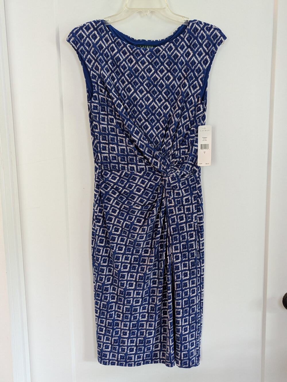 NWT Lauren Ralph Lauren Geometric Twist-Side Sheath Dress Blue Tonal Sz 8